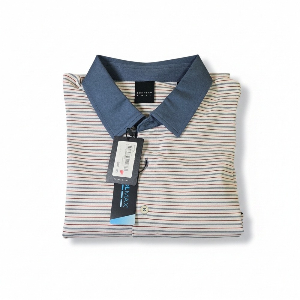 Dunning Golf‎ Mens Coolmax Striped Polo Shirt Blue White Red RH Crest New XL